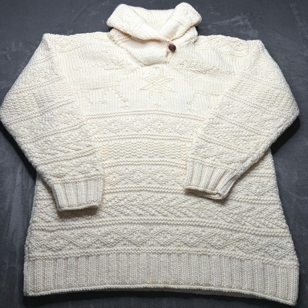 Lauren Ralph Lauren Shawl Neck Sweater Womens M Petite Wool Hand Knit Ski Cabin